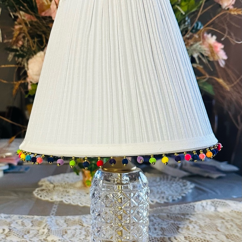 White Lamp with Colorful Beaded Trim with leaded crystal